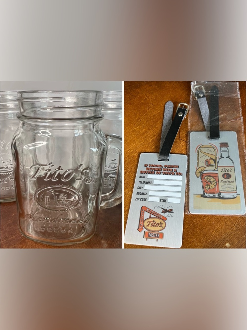 Tito's 16 oz Mason Jar Glass Mugs with handles Set of 4 & 2 luggage tags